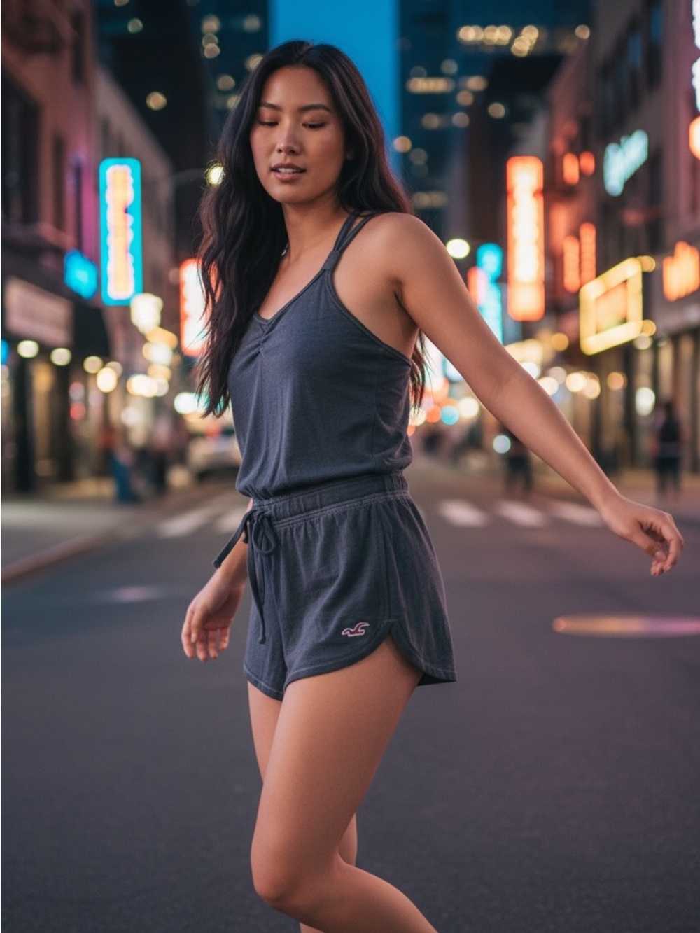 Hollister Charcoal Tank Romper with Drawstring Waist